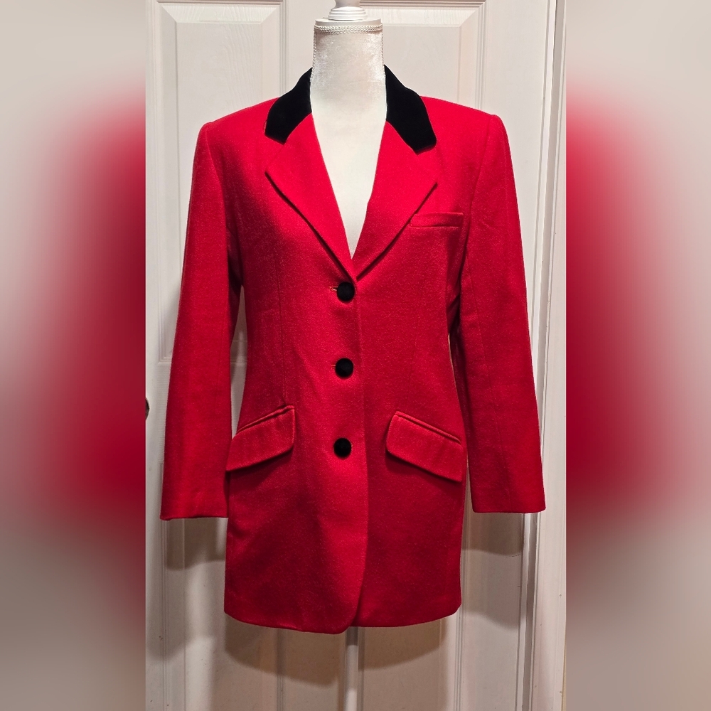 Casual Corner Red Wool Blazer with Black Velvet Accents